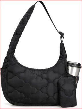 Small Quilted Puffer Crescent Shoulder Bag with Adjustable Strap